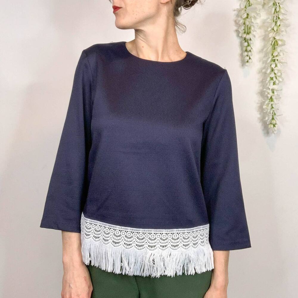 NWT ENGLISH FACTORY satin blouse fringe tassel navy long sleeve flapper 2266 - Picture 2 of 9